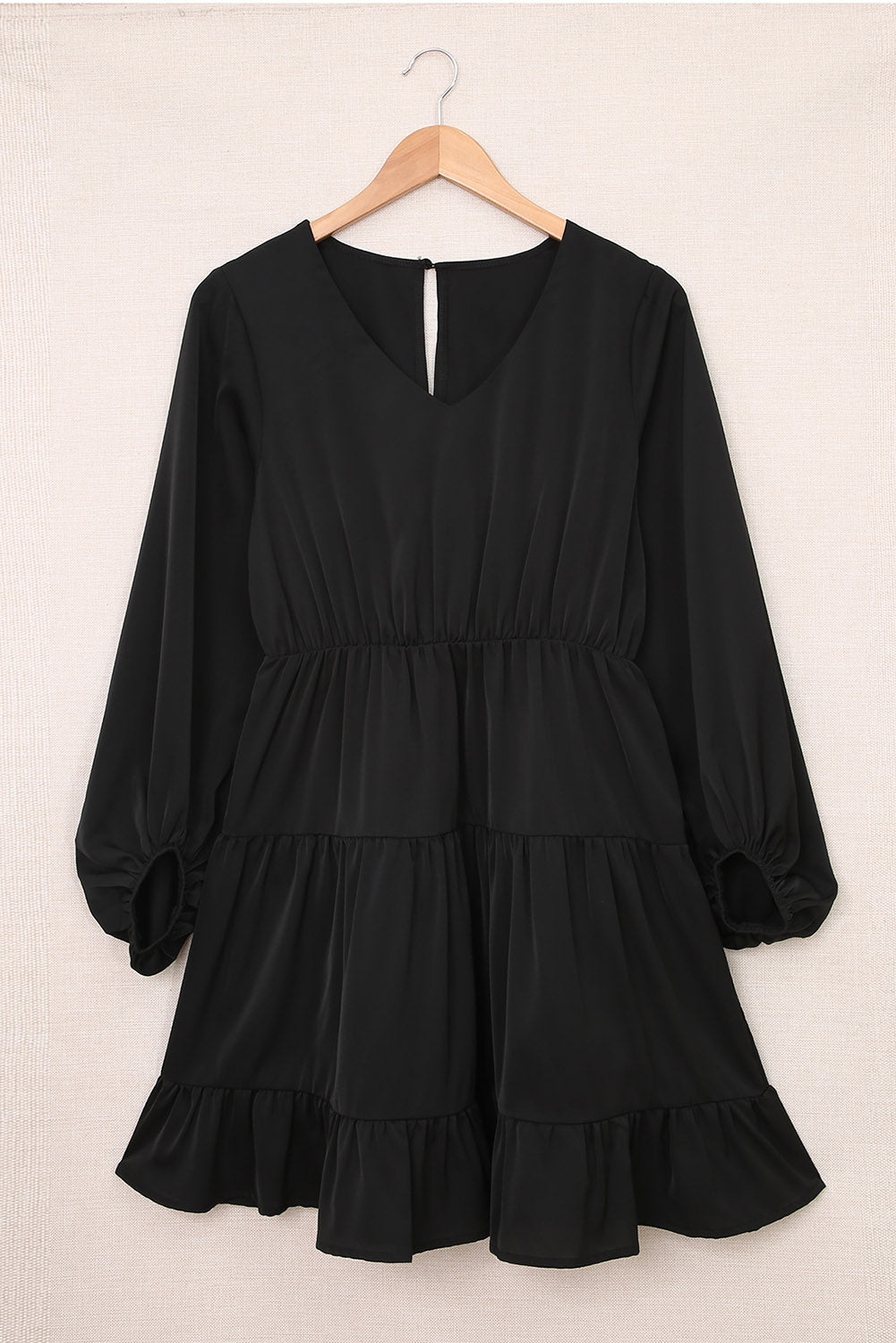 Black Tiered Ruffle Balloon Sleeve Mini Dress