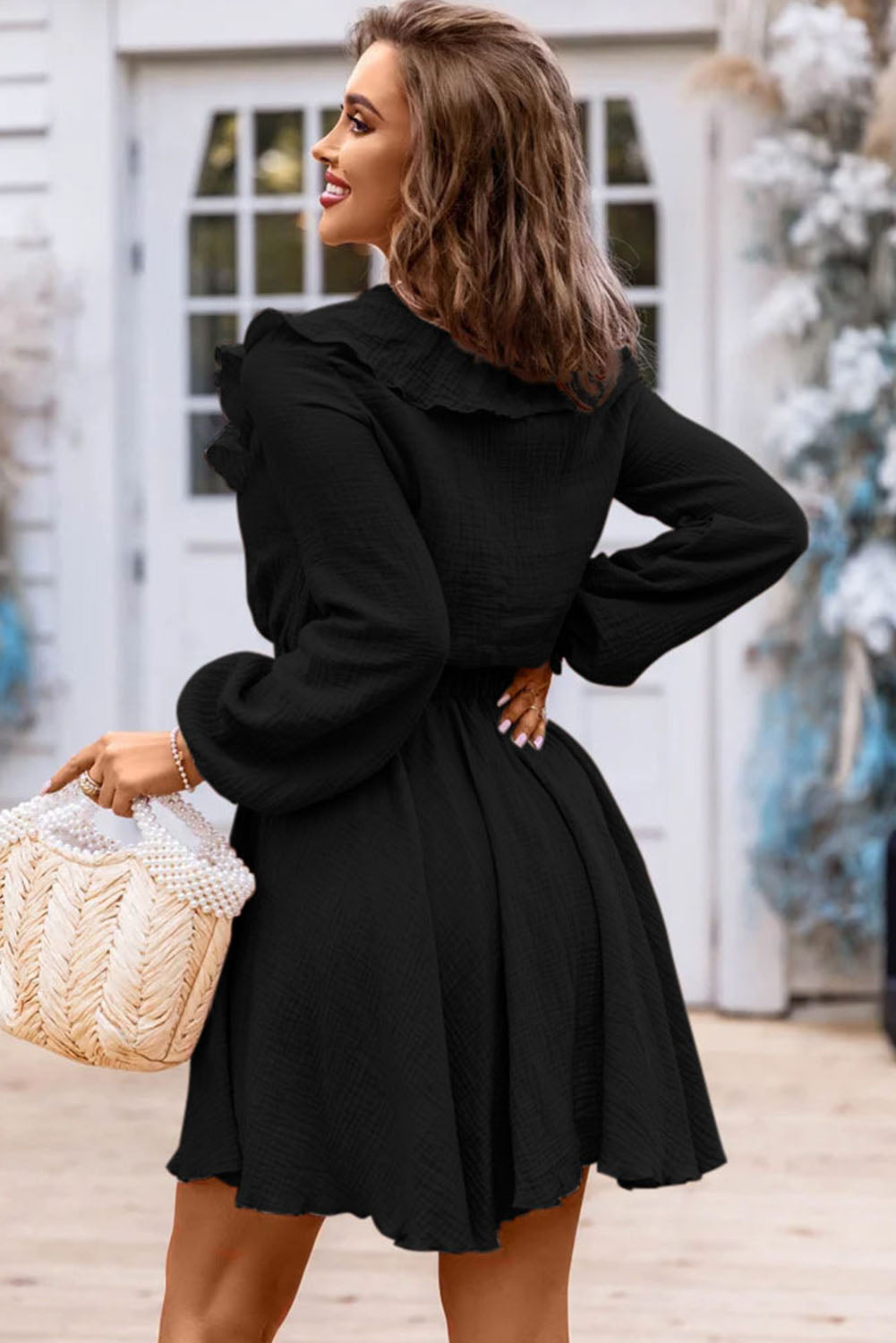 Khaki Textured Ruffled V Neck High Waist Mini Dress