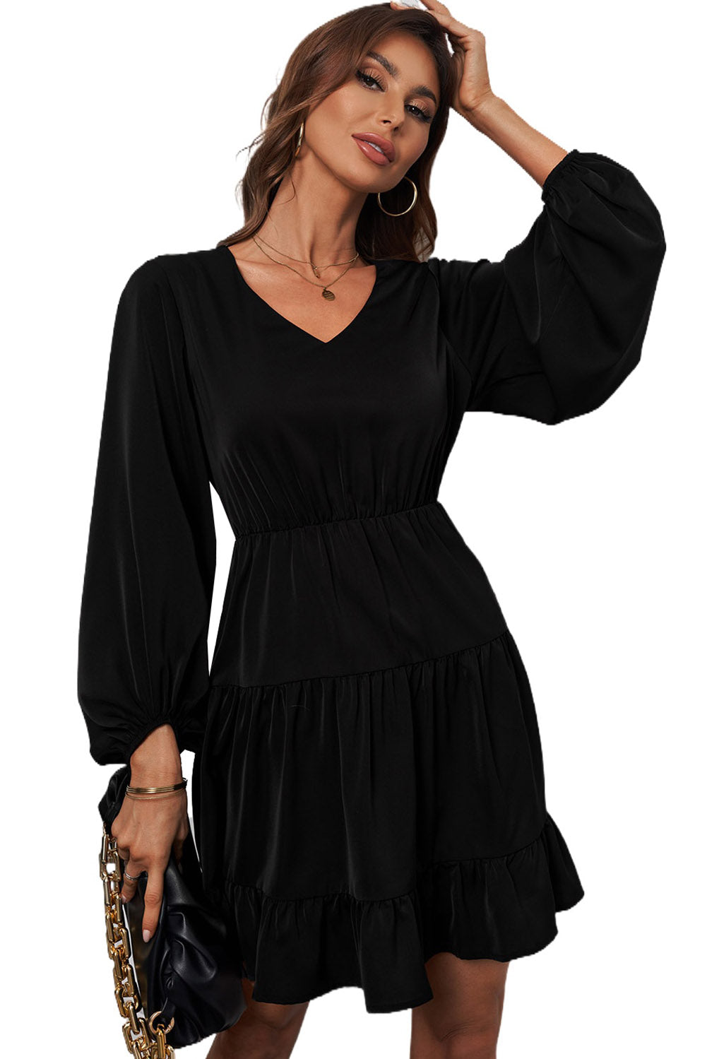 Black Tiered Ruffle Balloon Sleeve Mini Dress