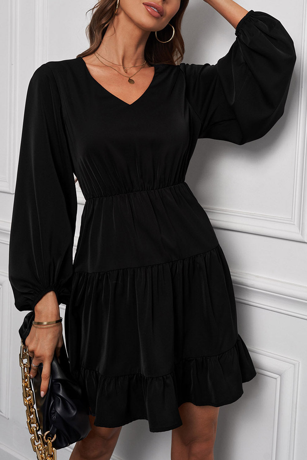 Black Tiered Ruffle Balloon Sleeve Mini Dress