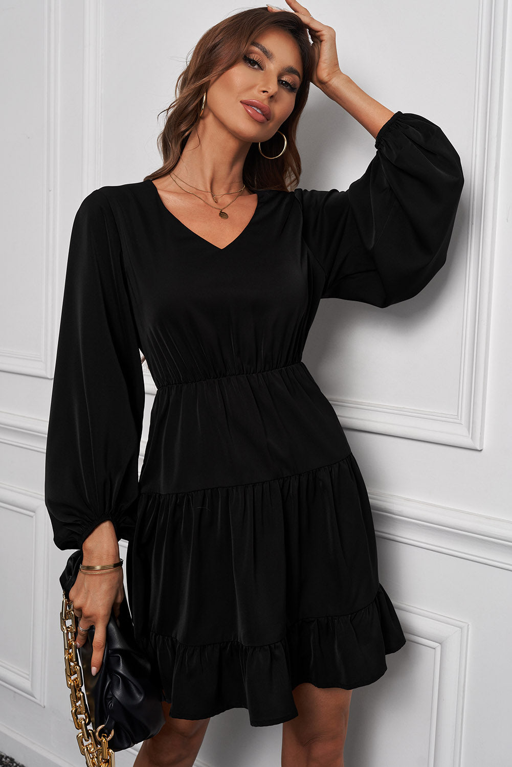 Black Tiered Ruffle Balloon Sleeve Mini Dress