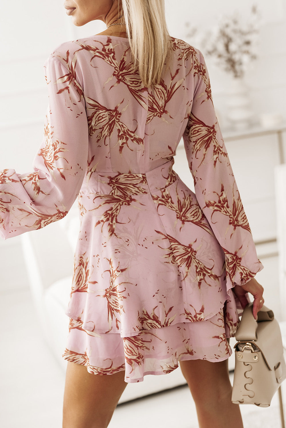 Pink V Neck Double Hem Floral Dress