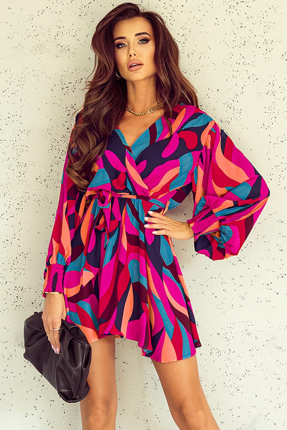 Fiery Red Abstract Printed Belted Puff Sleeve Mini Dress