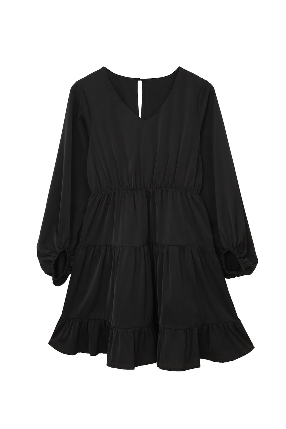 Black Tiered Ruffle Balloon Sleeve Mini Dress