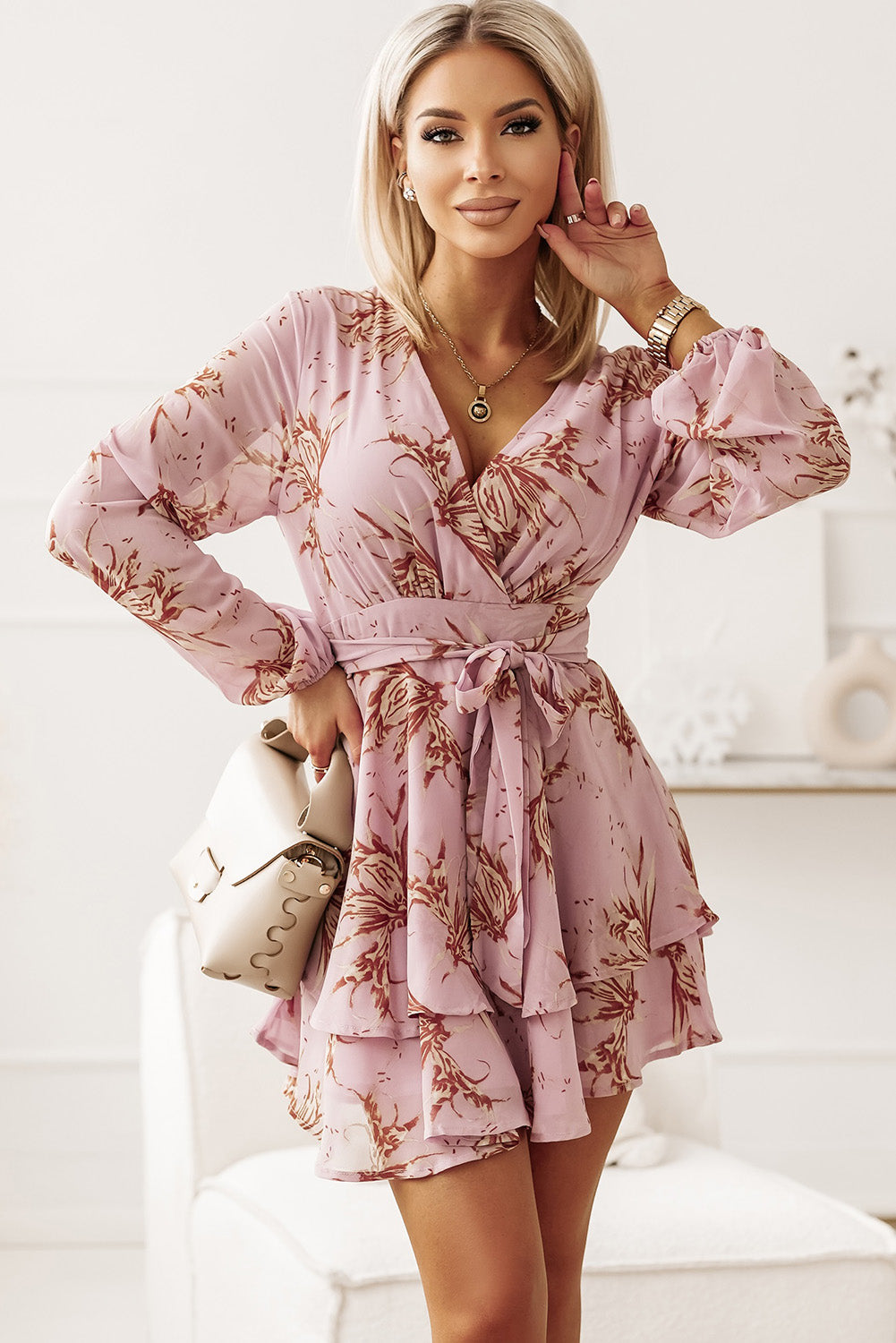 Pink V Neck Double Hem Floral Dress